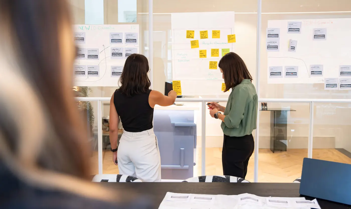 A team planning a workstream at a whiteboard